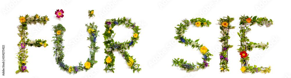 Flower, Branches And Blossom Letter Building German Word Fuer Sie Means For You. White Isolated Background