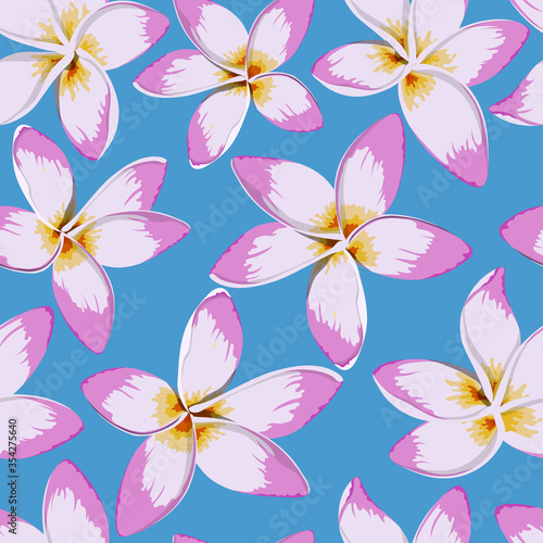 Tropical flowers seamless pattern. Plumeria image. Fabric print. Exotic textile design. Pink floral plant in cartoon style. Jungle flora