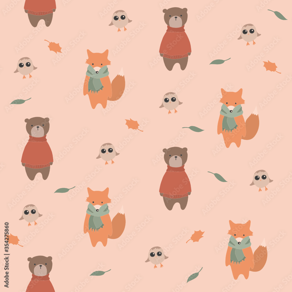 Vector seamless pattern with cute forest animals in warm clothes. Isolated animals and autumn leaves. 