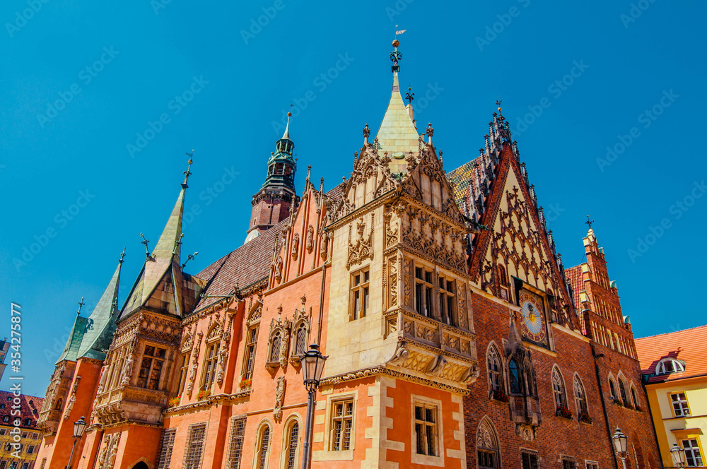 WROCLAW,POLAND. Architectural details of Gothic Old Town Hall on Market Squar In Sunny Day. Wroclaw town hall in sunny day. Rathaus