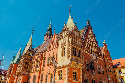 WROCLAW,POLAND. Architectural details of Gothic Old Town Hall on Market Squar In Sunny Day. Wroclaw town hall in sunny day. Rathaus