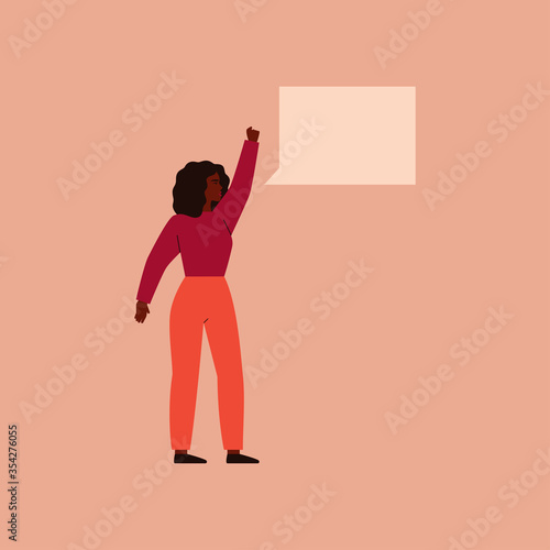 Black woman raised her hand clenching it into a fist and says something with speech bubble. Concept of protest and female empowerment movement. Vector illustration