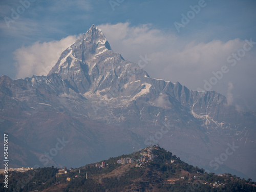 Pokhara, Nepal. View of Machhapuchare mountain and Sarangkot from Peace Stupa.