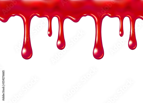 Blood drip seamless pattern isolated on white background. Red ketchup, syrup or sauce. Vector liquid border halloween template
