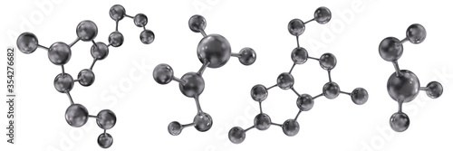 Molecules and molecular crystal lattices of black coal or dark gray color. Molecular bonds. Set. Vector abstract 3d illustration of a molecular model isolated on white background.