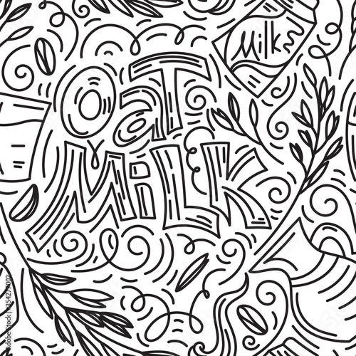 Seamlees pattern background. Oat milk hand drawn lettering. Spikes and grains of oats, glass with oat milk, carton box and glass jar of milk. Doodle style, black and white vector illustration.