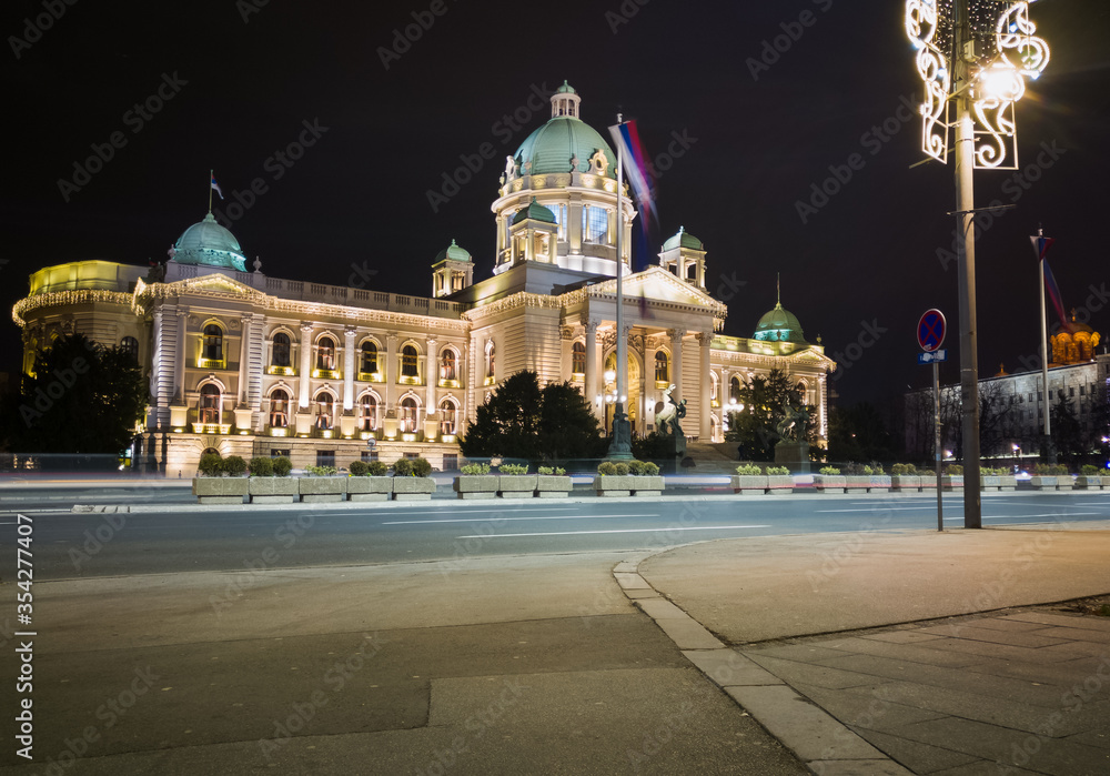 The House of the National Assembly of the Republic of Serbia is the seat of the National Assembly of Serbia, at night. It is a landmark and tourist attraction.