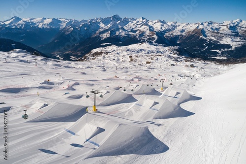 Aerial drone view of Madonna di Campiglio and ursus snowpark in Val Rendena dolomites Italy photo