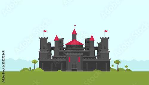 Magical fabulous cartoon castle. Vector flat illustrations