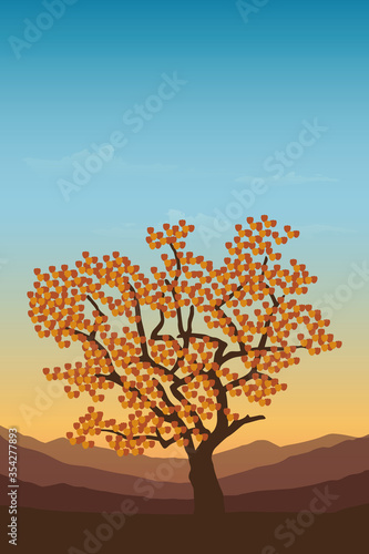 red tree in autumn on mountain landscape at sunset vector illustration EPS10