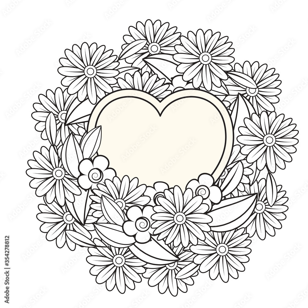 Floral heart. Valentines day adult coloring page. Vector illustration. Isolated on white background
