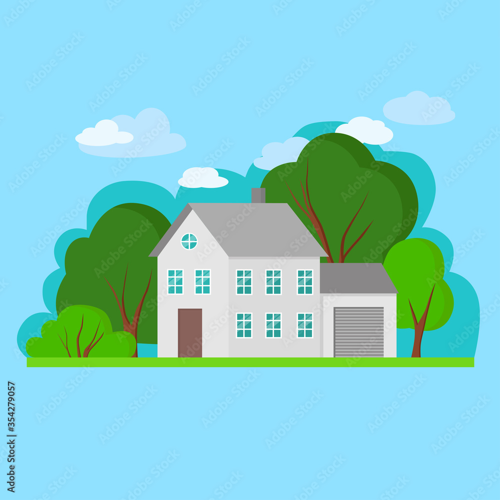 Simple gray flat gray house with green trees and blu sky. Vector Illustration of cityscape.Cottage, modern architecture. Idea of real estate.