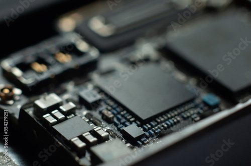 Smartphone motherboard close-up, macro shot.