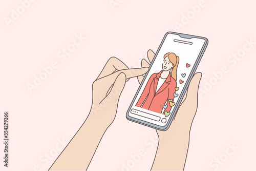 Blogging, communication, social media concept. Human hands holding mobile phone with happy girl woman blogger displaying on screen. Online chattting, smartphone or video call conversation illustration