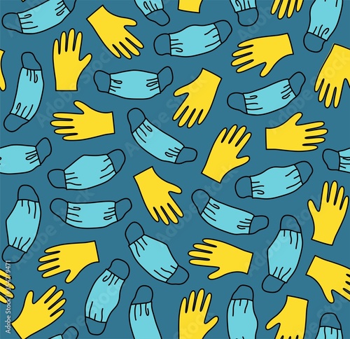 Masks and gloves, virus, protection, seamless pattern, color, blue. Yellow gloves and blue masks on a dark background. Flat color images. Vector.  