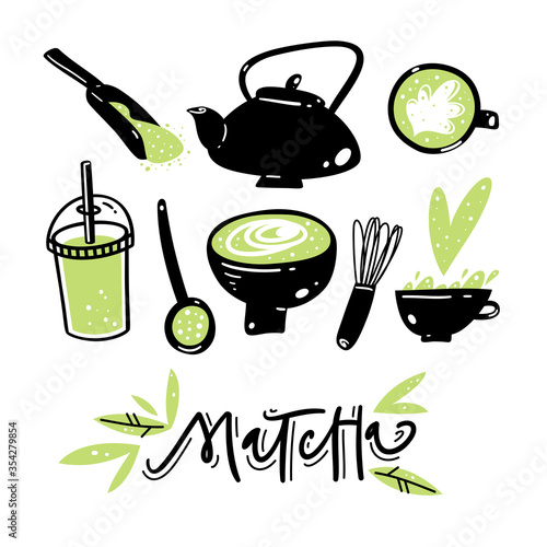 Matcha green tea hand drawn vector set. Matcha powder, latte, tea pot, cup, bowl, spoon, whisk, leaves.