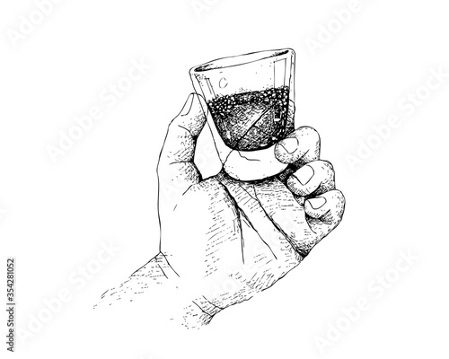 Hand Drawing, Illustration Hand Drawn Sketch of Hand Holding A Shot of Whiskey, Brandy or Vodka Isolated on White Background
