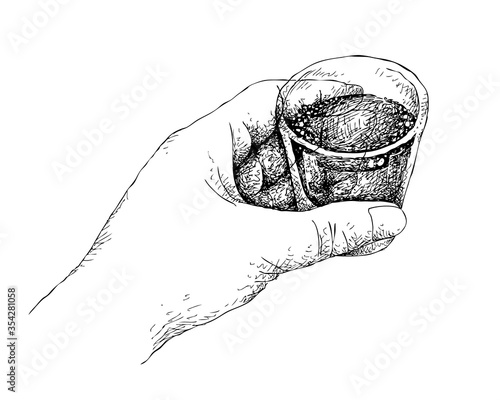 Hand Drawing, Illustration Hand Drawn Sketch of Hand Holding A Shot of Whiskey, Brandy or Vodka Isolated on White Background
