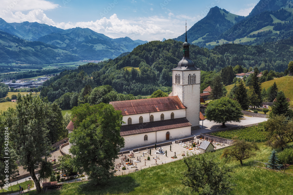 The Eglise Saint Theodule and Saane valley - Gruyeres, Switzerland