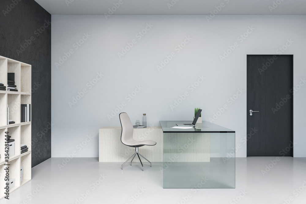 Modern director's office with laptop on glasses table Modern director's office with laptop on glasses table