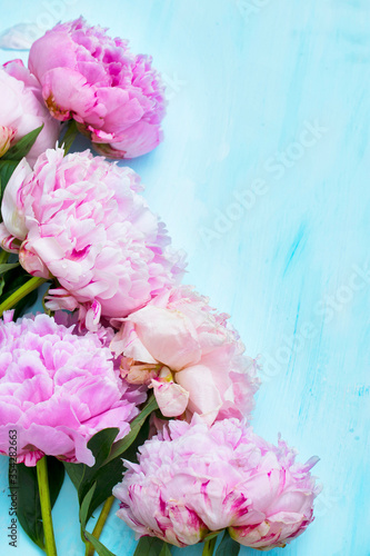 Pink peonies bouquet closeup  spring flowers for Mother s Day on ligh blue wooden background. Wedding events and other holidays.
