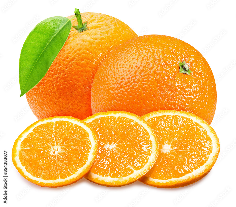 ripe orange with a leaf and a slice sliced isolated on a white background ripe orange with a leaf and a slice sliced isolated on a white background
