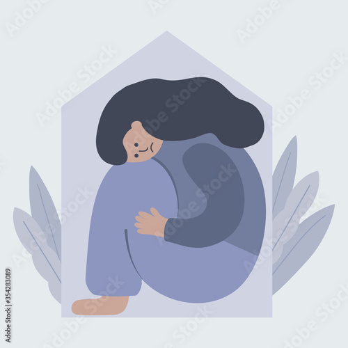 Lonely depressed woman is sitting closely house. Stay at home concept.