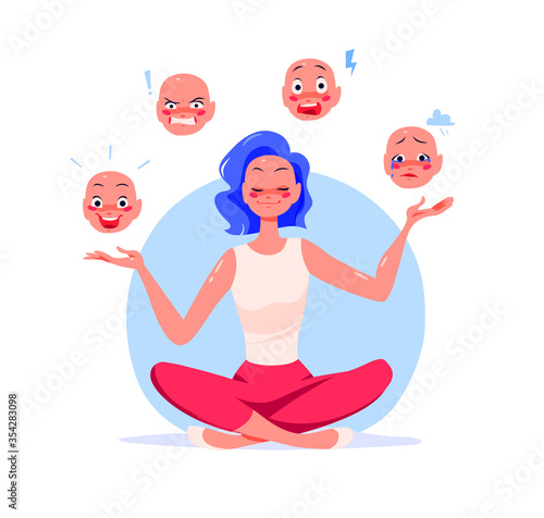 Young girl sitting in lotus yoga asana pose controlling emotions – ecstasy, anger, stress, fear, sadness and depression. Mental health and personal harmony concept. Vector flat illustration.