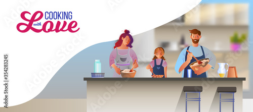 Vector culinary illustration with happy family cooking together. Kitchen background with mother, father, daughter preparing dinner. Banner in flat style with cheerful couple, little girl, kitchenware