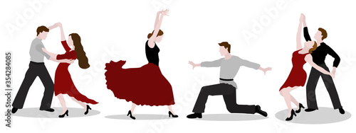 Set of doubles spanish, latin american and ballroom dancers isolated on white background. Dancing couple of people. Dancing men and women
