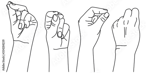 Italian gesture. Hand gestures of three fingers together like thimbleful in different perspective. Vector illustration in outline style isolated on white background. 