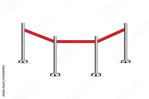 Realistic fencing for exclusive entrance or security zone. Silver barrier with red ribbon for VIP Presentation. Red rope for exhibition halls and car dealerships.