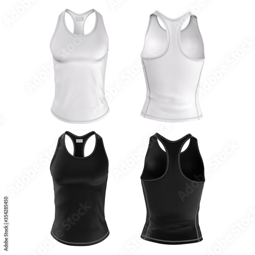 Sports women's singlet of white and black. Front and back view. Underwear. Sportswear set. Mockup for design and branding. Blank clean template. 3d illustration isolated on white background.