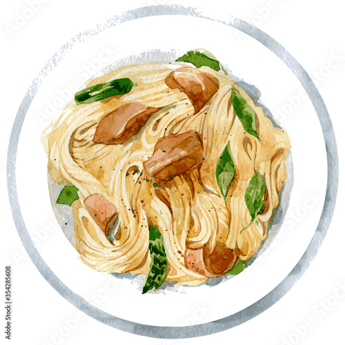 Pasta Carbonara with bacon and asparagus. Watercolor illustration isolated on white background. Vector