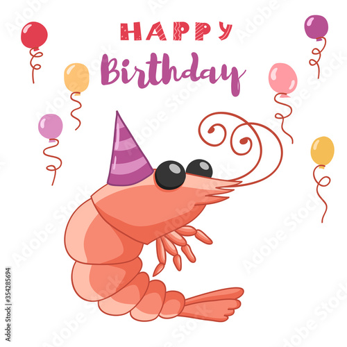Happy birthday greeting card with shrimp. Hand drawn vector illustration.