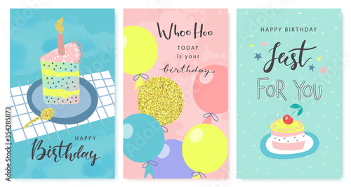 Happy birthday greeting cards and party invitation templates, hand drawn style.Vector illustration.