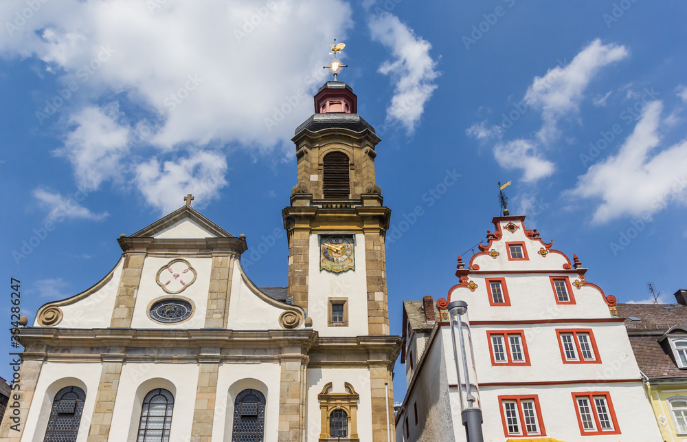 Church tower and historic facades in Hachenburg, Germany
