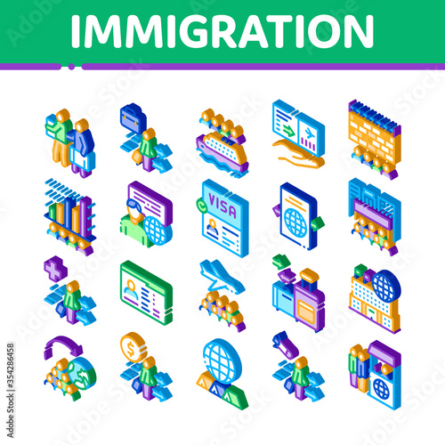 Immigration Refugee Icons Set Vector. Isometric Immigration Person With Baggage, Passport And Visa, Cruise Liner Voyage And Airplane Illustrations