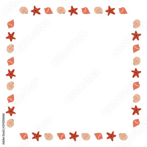 Square frame with creative sea shells on white background. Vector image.