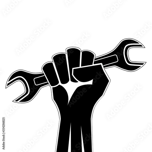 Raised fist holding a wrench icon vector. Clenched fist holding open end wrench vector. Hand holding work tool icon. Black and white revolution hand icon isolated on a white background