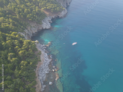 Aerial view of the coast of the sea  view of the coast of the mediterranean sea  view of the beach  waves on the beach  turkey  alanya  travel around turkey  mountains  boat in the sea
