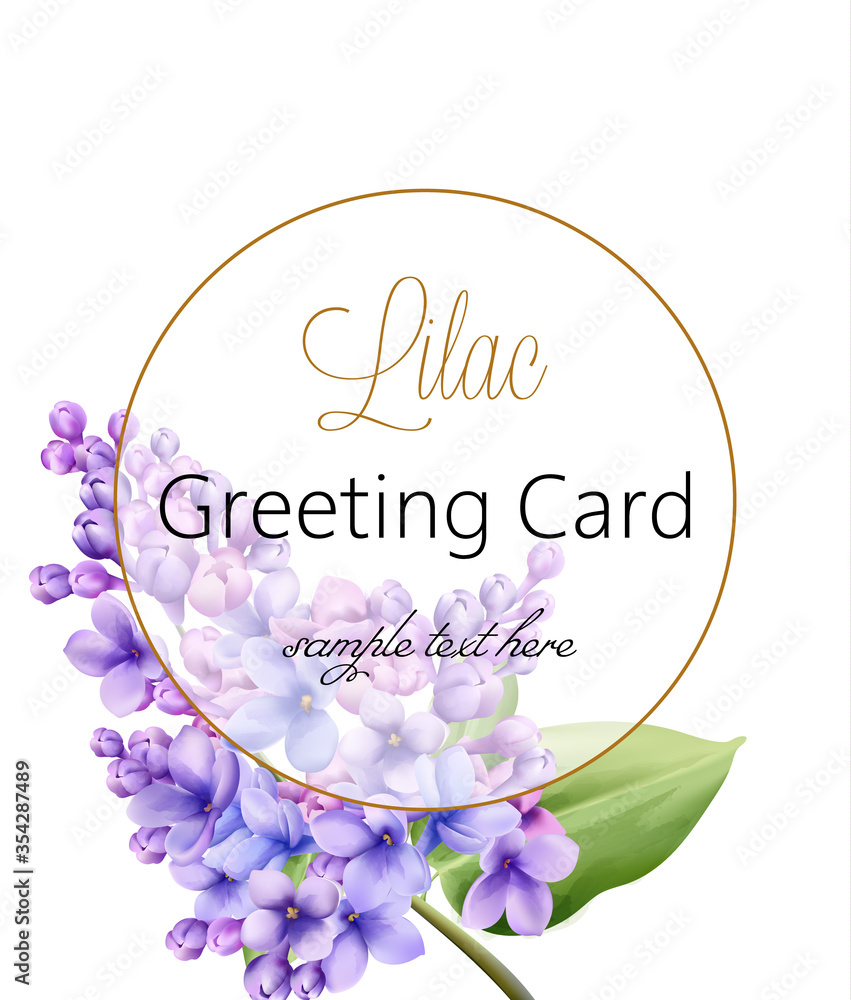 Lilac flower on white background with golden circle greeting card with place for text