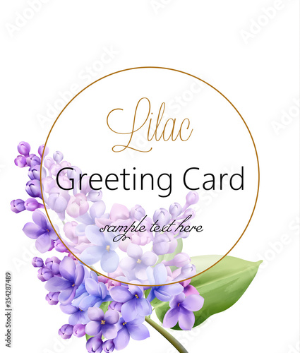 Lilac flower on white background with golden circle greeting card with place ...