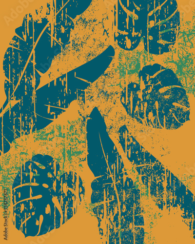 Palm leaves pattern on yellow background. Grunge design