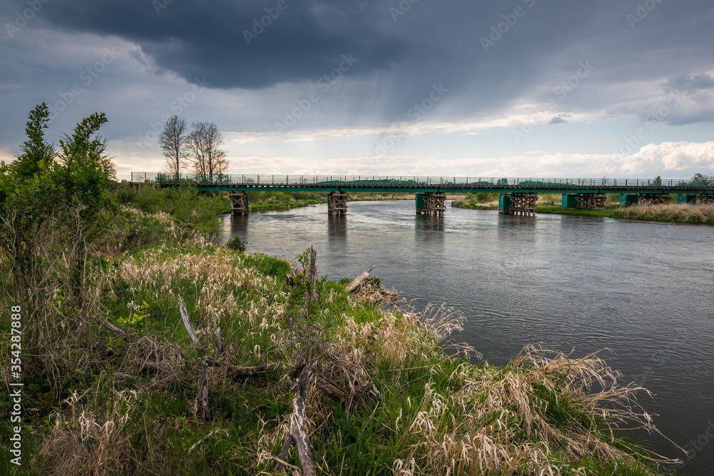 Longest wooden bridge over the Pilica river in Gostomia, Poland