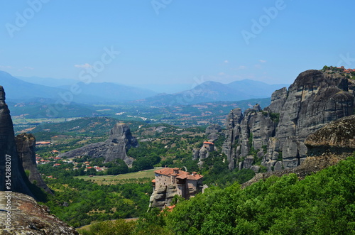 Beautiful landscape in sunny weather of monastery on the rocks of Meteora in Greece 