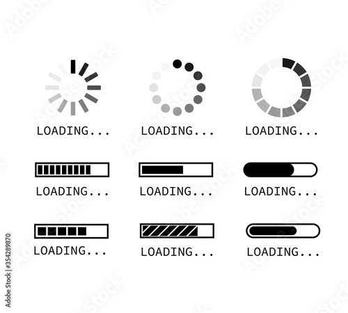 Loading icon set on black background, vector illustration.
