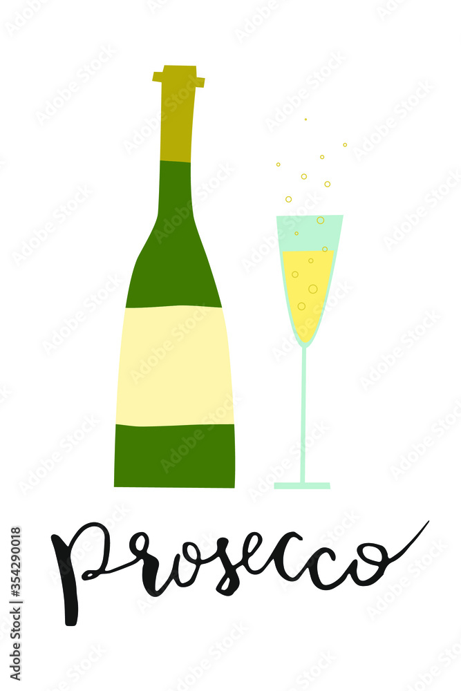 Prosecco bottle and glass with bubbles. Sparkling wine with handwritten  lettering. Flat cartoon illustrarion of champagne. Stock Vector | Adobe  Stock