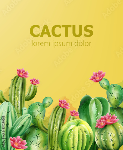 Cactus pattern on yellow background with place for text. Cactus with flower