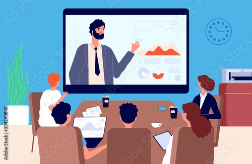 Online conference. Business meeting, communication with superiors or team leader via video. Isolation period, modern work vector illustration. Business work training, man boss professional conference